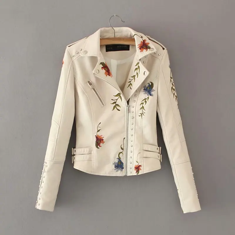 2026 New Women's High Street Floral Print Embroidery Faux Leather Jackets Female Moto & Biker Rivet Black Punk Outerwear Coats