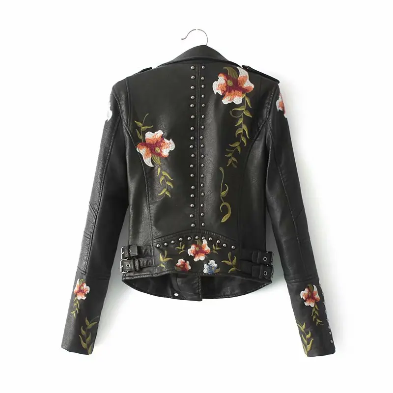 2026 New Women's High Street Floral Print Embroidery Faux Leather Jackets Female Moto & Biker Rivet Black Punk Outerwear Coats