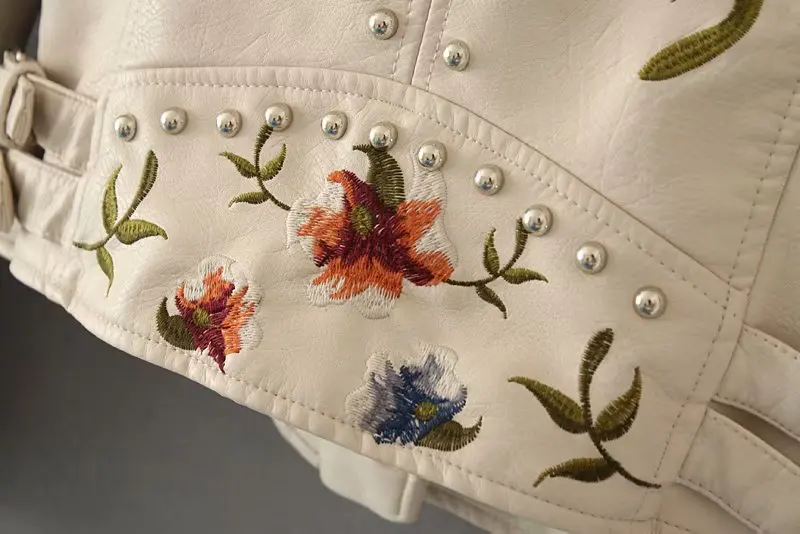 2026 New Women's High Street Floral Print Embroidery Faux Leather Jackets Female Moto & Biker Rivet Black Punk Outerwear Coats