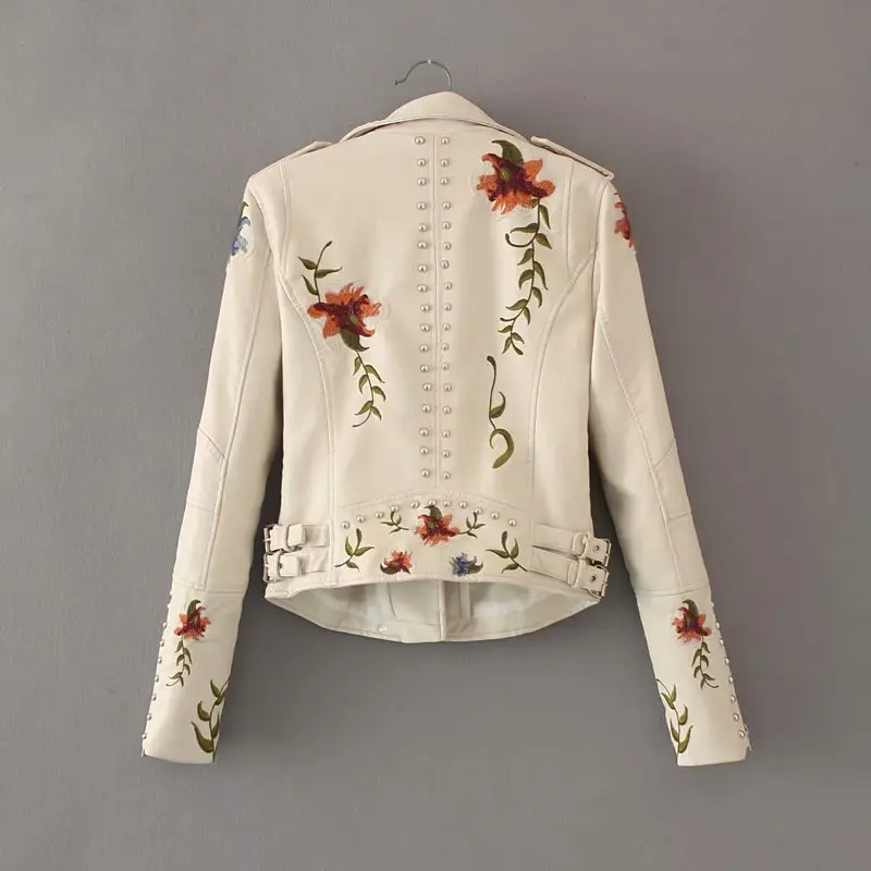 2026 New Women's High Street Floral Print Embroidery Faux Leather Jackets Female Moto & Biker Rivet Black Punk Outerwear Coats