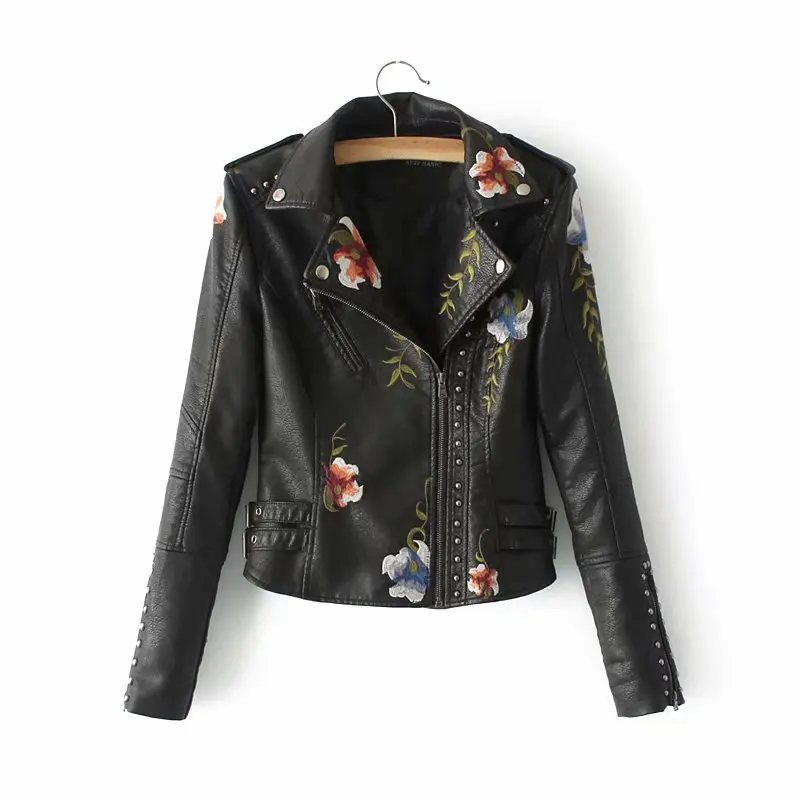 2026 New Women's High Street Floral Print Embroidery Faux Leather Jackets Female Moto & Biker Rivet Black Punk Outerwear Coats