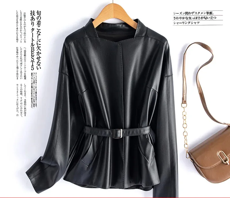 Real Sheepskin Coat For Women Spring Autumn 2026 New High Quality Black Genuine Leather Jacket With Sashes Кожанка Женская
