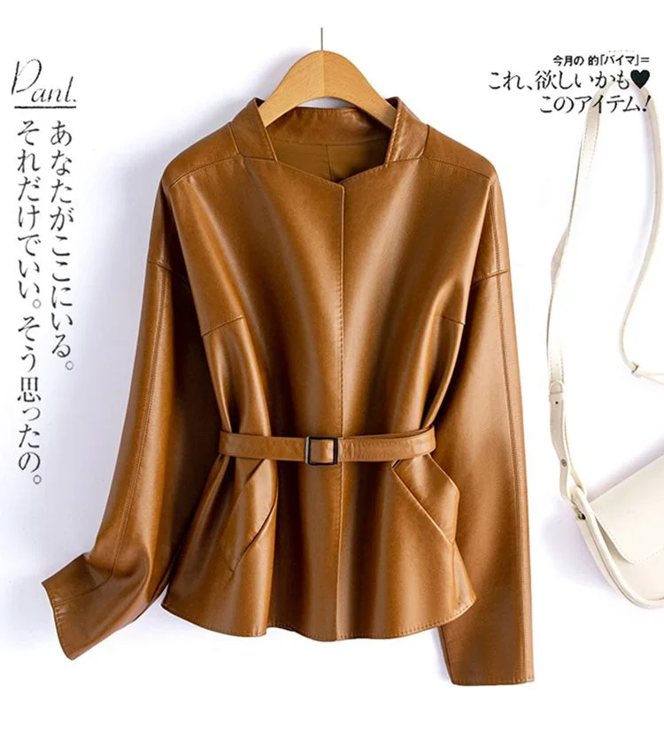 Real Sheepskin Coat For Women Spring Autumn 2026 New High Quality Black Genuine Leather Jacket With Sashes Кожанка Женская