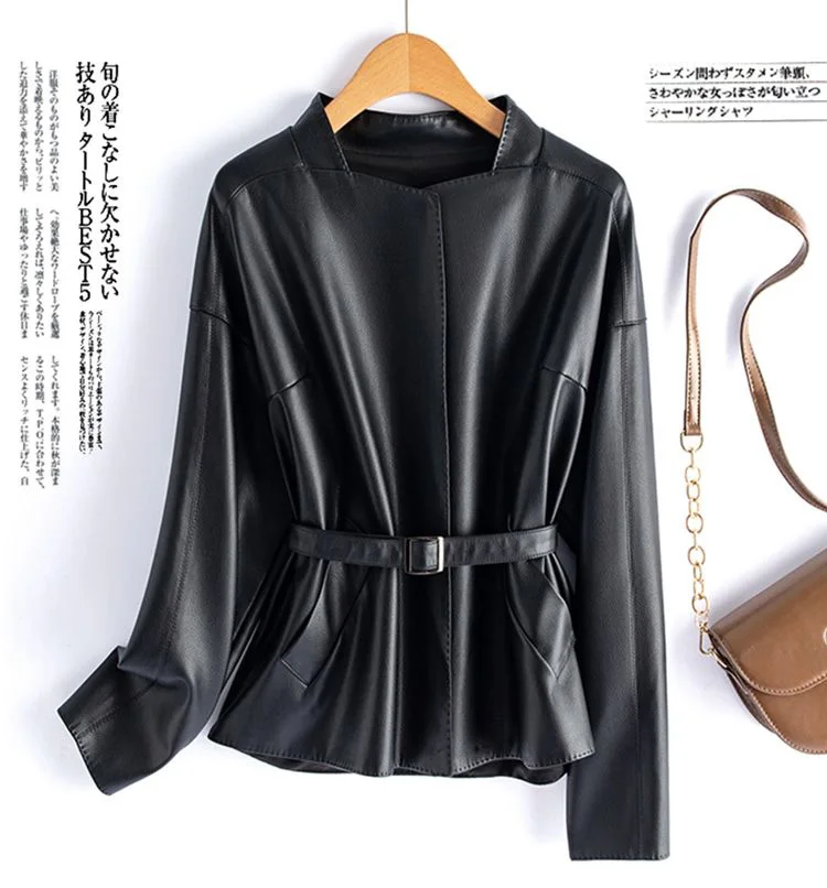 Real Sheepskin Coat For Women Spring Autumn 2026 New High Quality Black Genuine Leather Jacket With Sashes Кожанка Женская