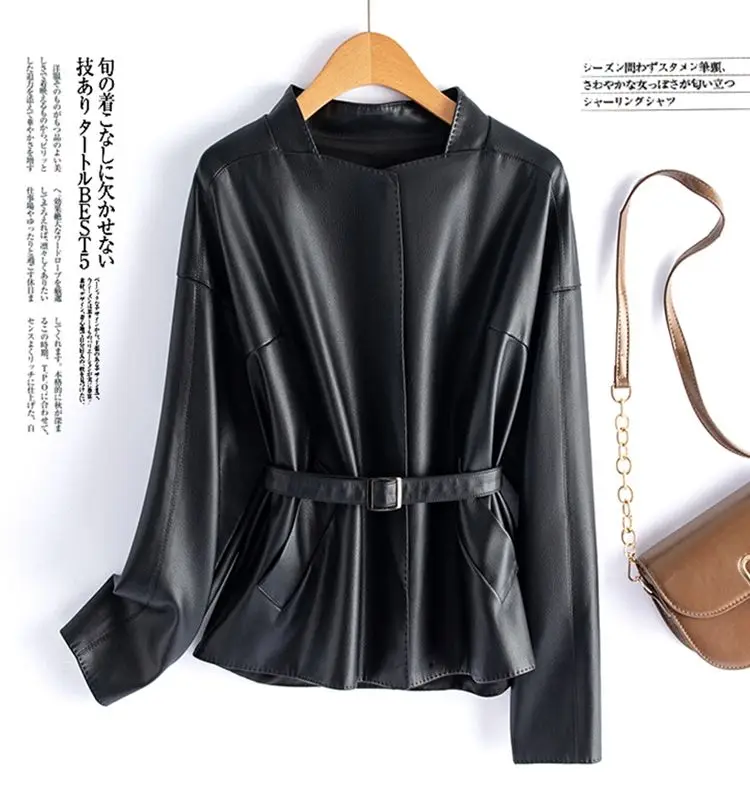 Real Sheepskin Coat For Women Spring Autumn 2026 New High Quality Black Genuine Leather Jacket With Sashes Кожанка Женская