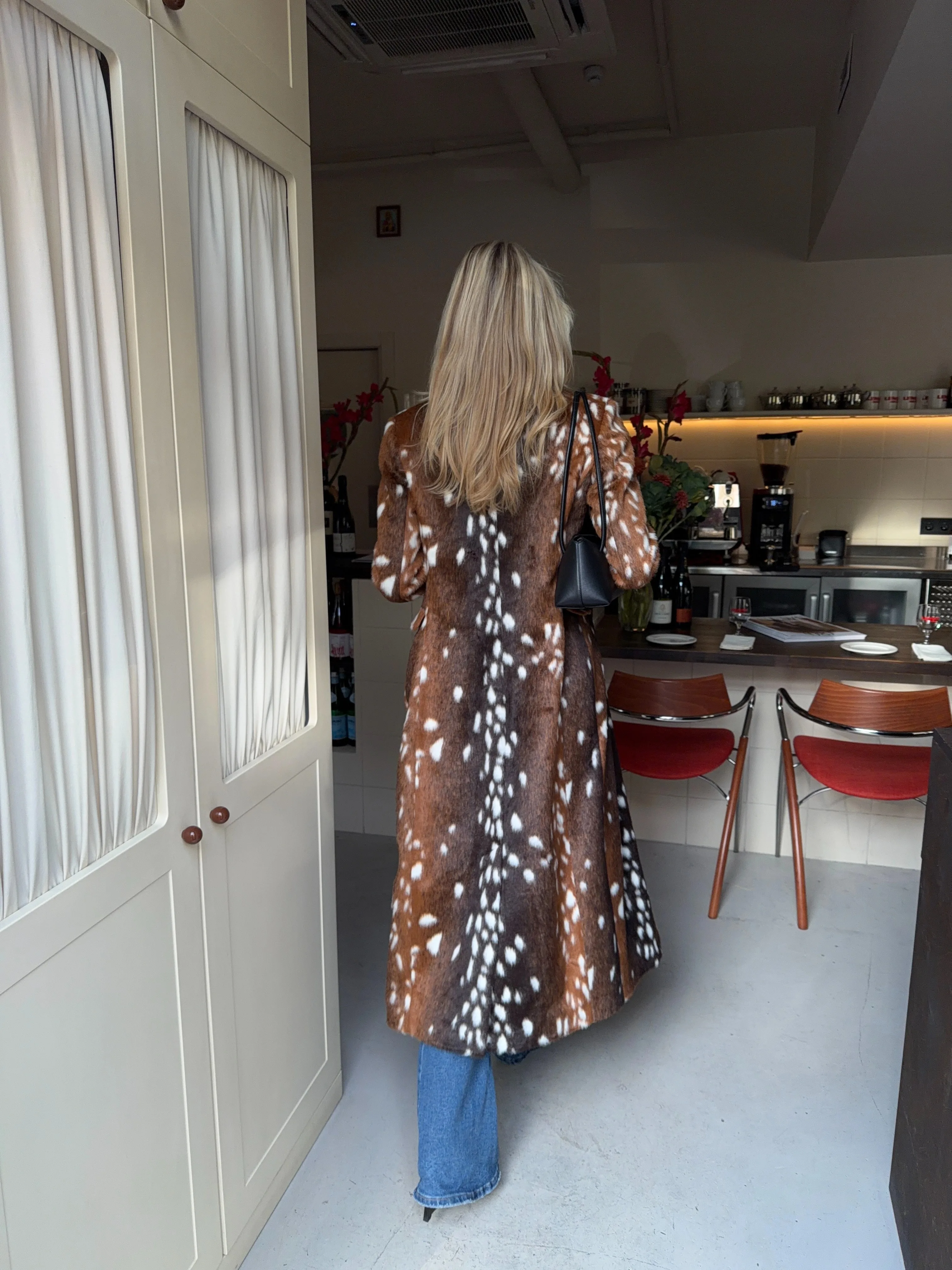 TOKO 2026 New Women Deer Spotted Faux Fur Long Coat Notched Lapel Double Breasted Long Sleeve Soft Thick Warm Winter Outerwear