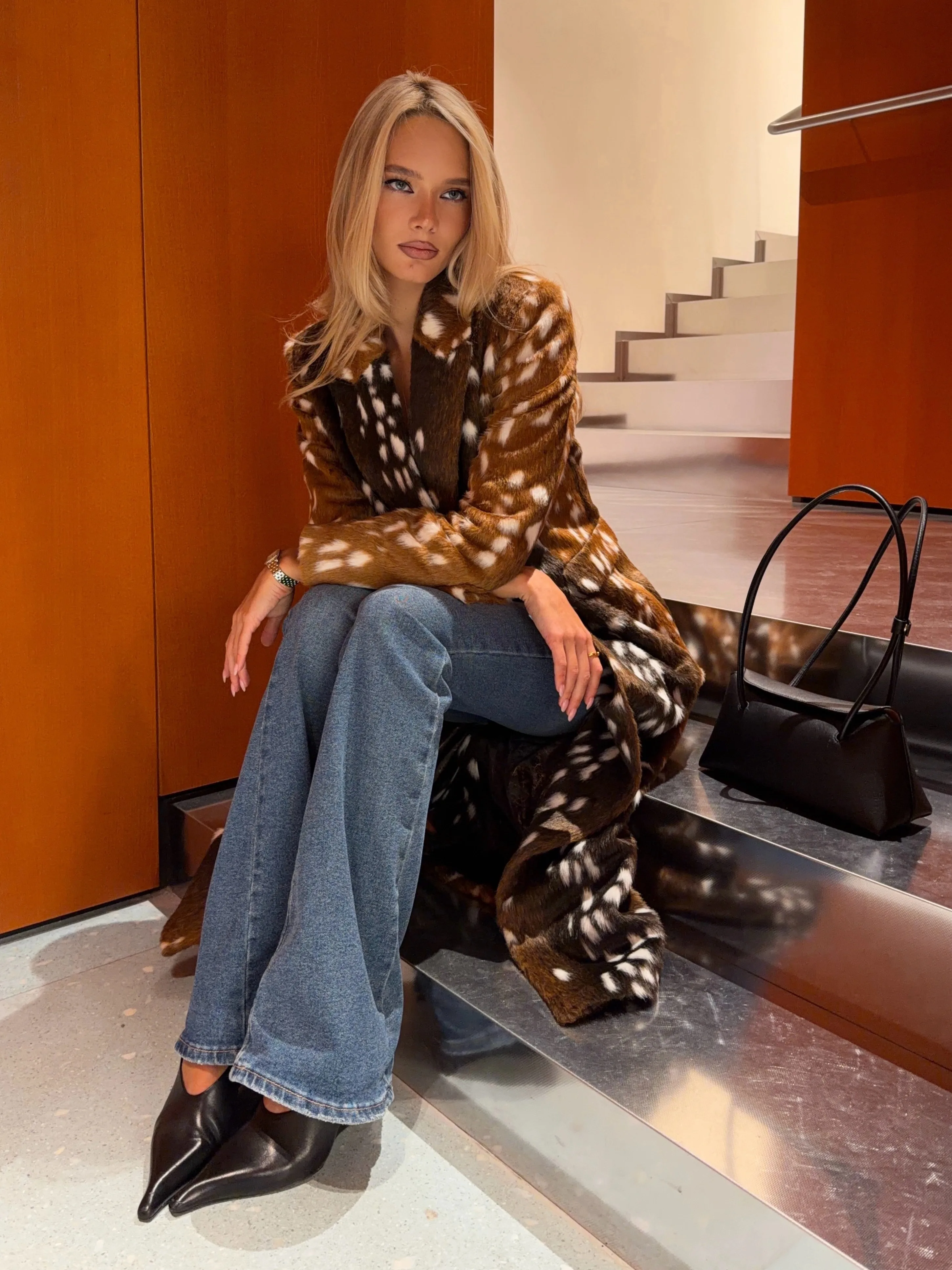 TOKO 2026 New Women Deer Spotted Faux Fur Long Coat Notched Lapel Double Breasted Long Sleeve Soft Thick Warm Winter Outerwear