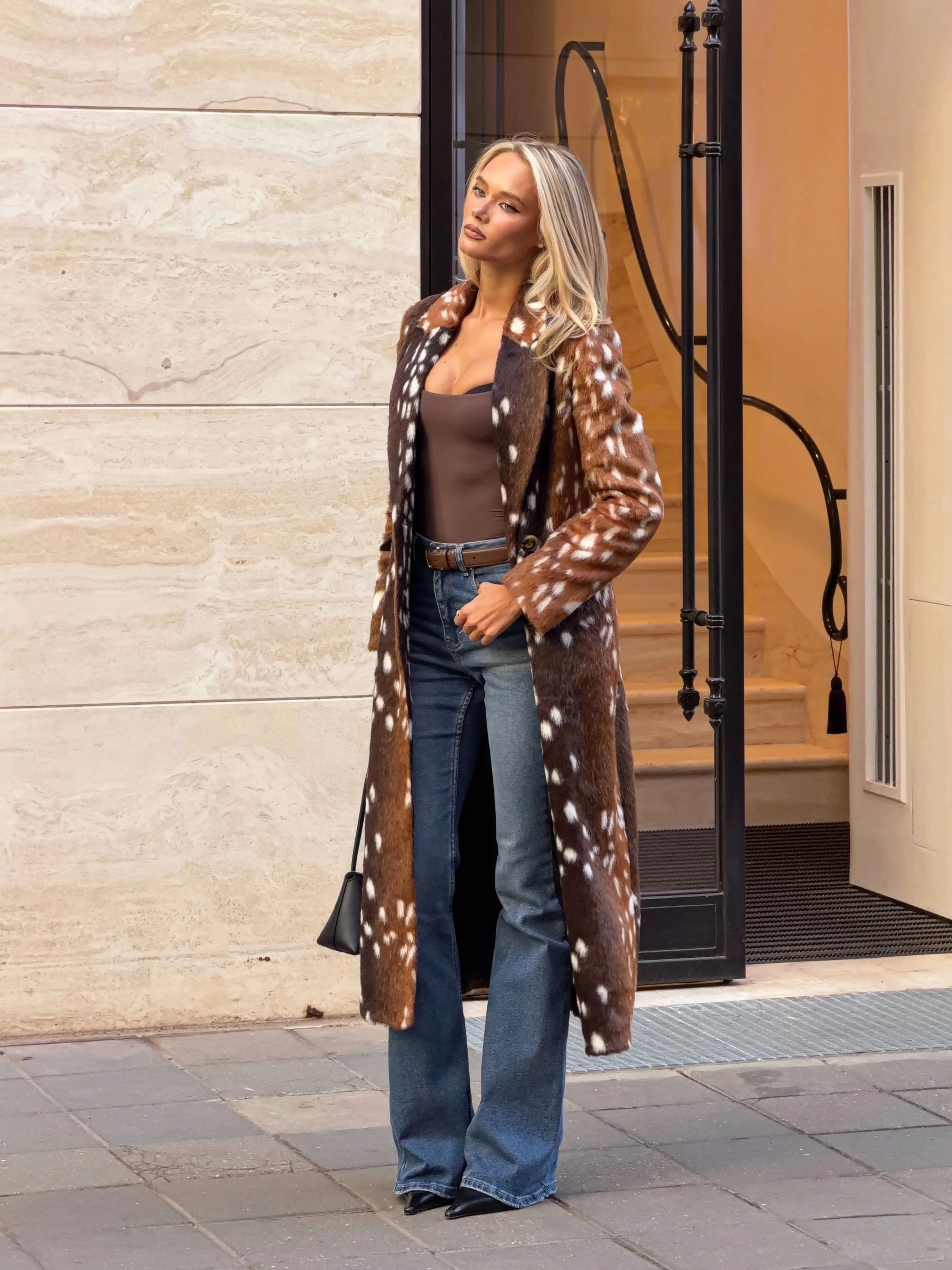TOKO 2026 New Women Deer Spotted Faux Fur Long Coat Notched Lapel Double Breasted Long Sleeve Soft Thick Warm Winter Outerwear
