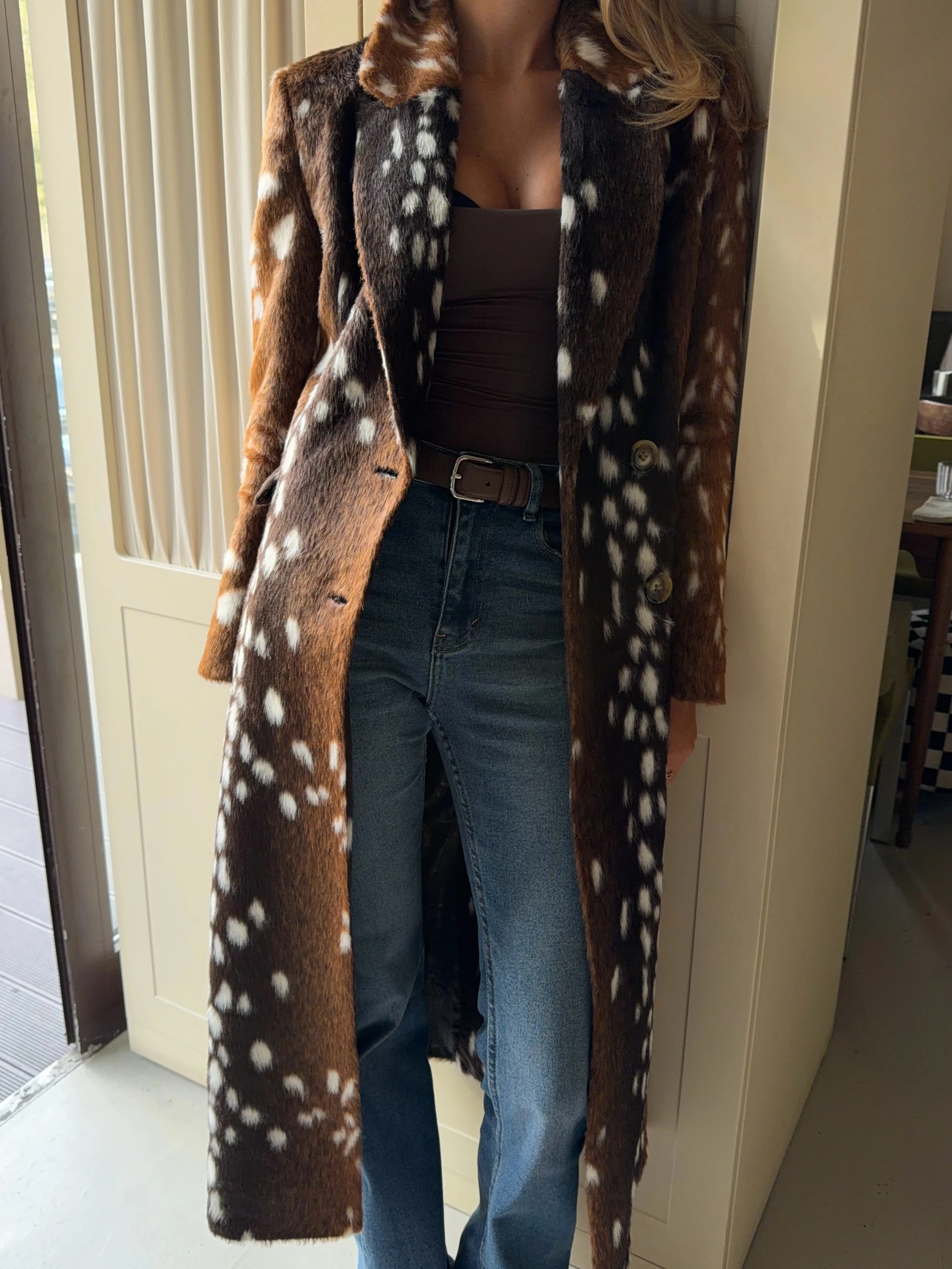 TOKO 2026 New Women Deer Spotted Faux Fur Long Coat Notched Lapel Double Breasted Long Sleeve Soft Thick Warm Winter Outerwear