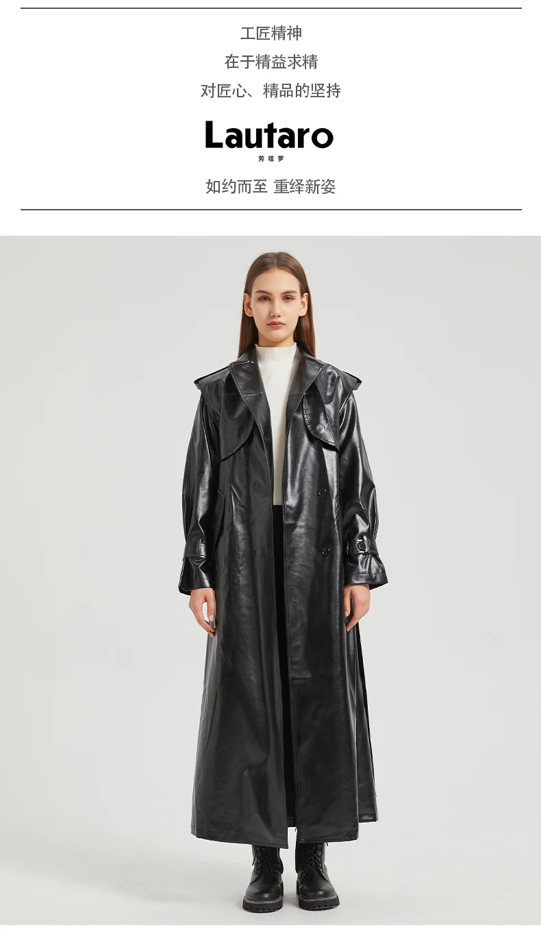 Lautaro Autumn Extra Long Gold Shiny Patent Pu Leather Trench Coat for Women Single Breasted Luxury Designer Overcoat 2024