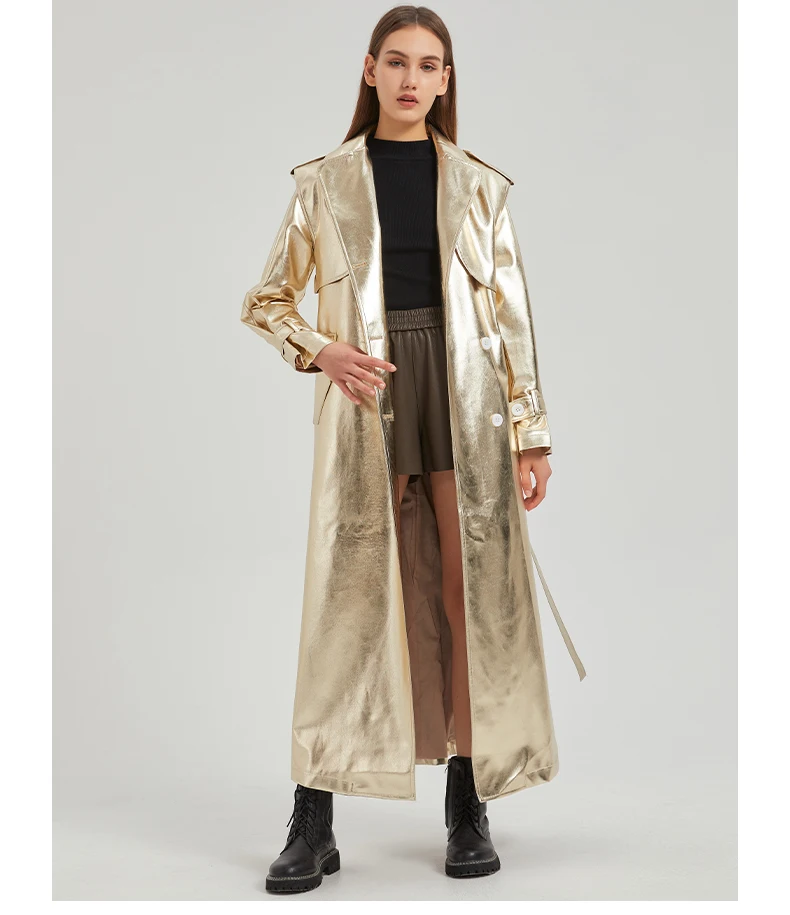 Lautaro Autumn Extra Long Gold Shiny Patent Pu Leather Trench Coat for Women Single Breasted Luxury Designer Overcoat 2024