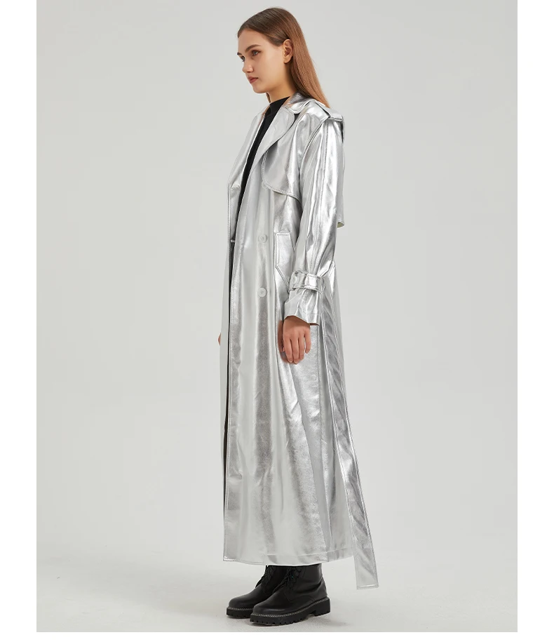 Lautaro Autumn Extra Long Gold Shiny Patent Pu Leather Trench Coat for Women Single Breasted Luxury Designer Overcoat 2024