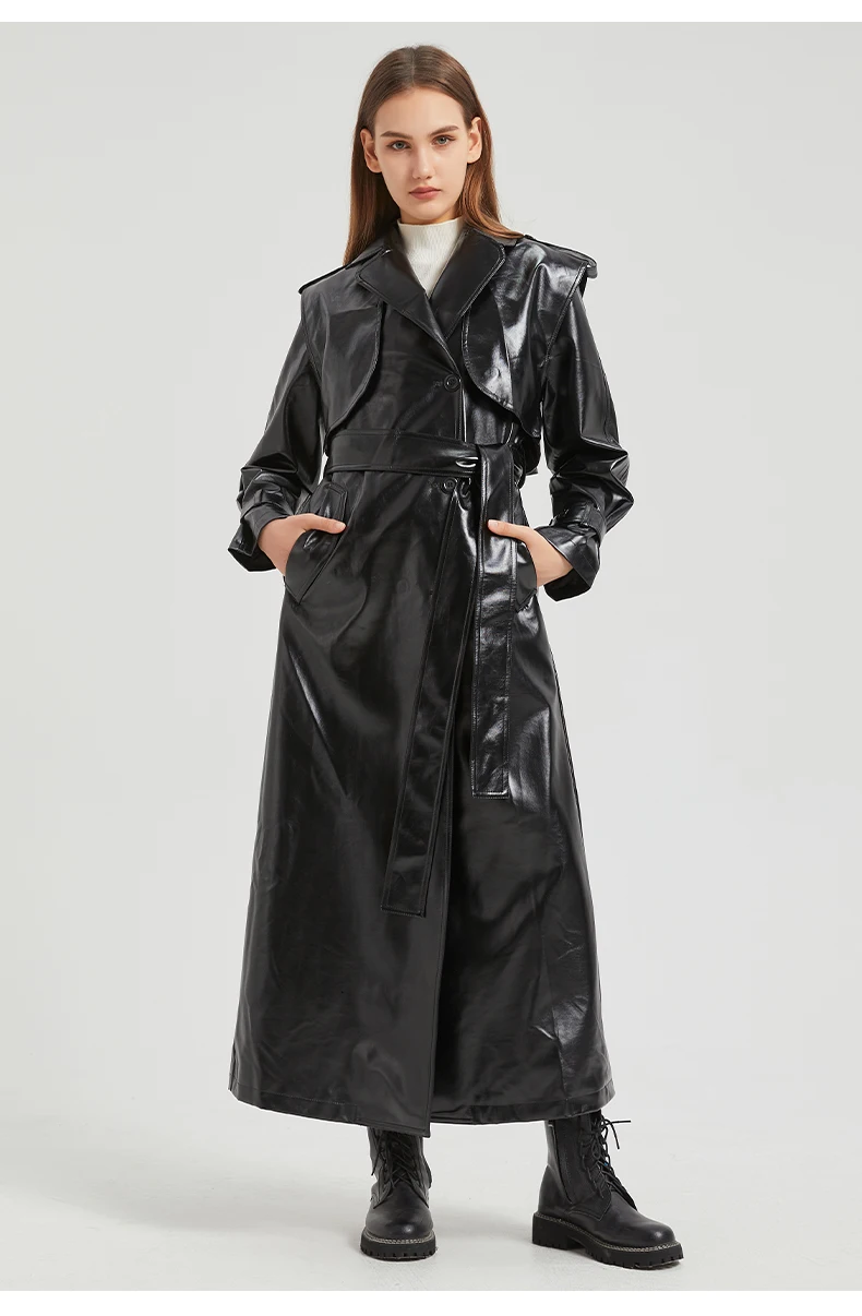 Lautaro Autumn Extra Long Gold Shiny Patent Pu Leather Trench Coat for Women Single Breasted Luxury Designer Overcoat 2024