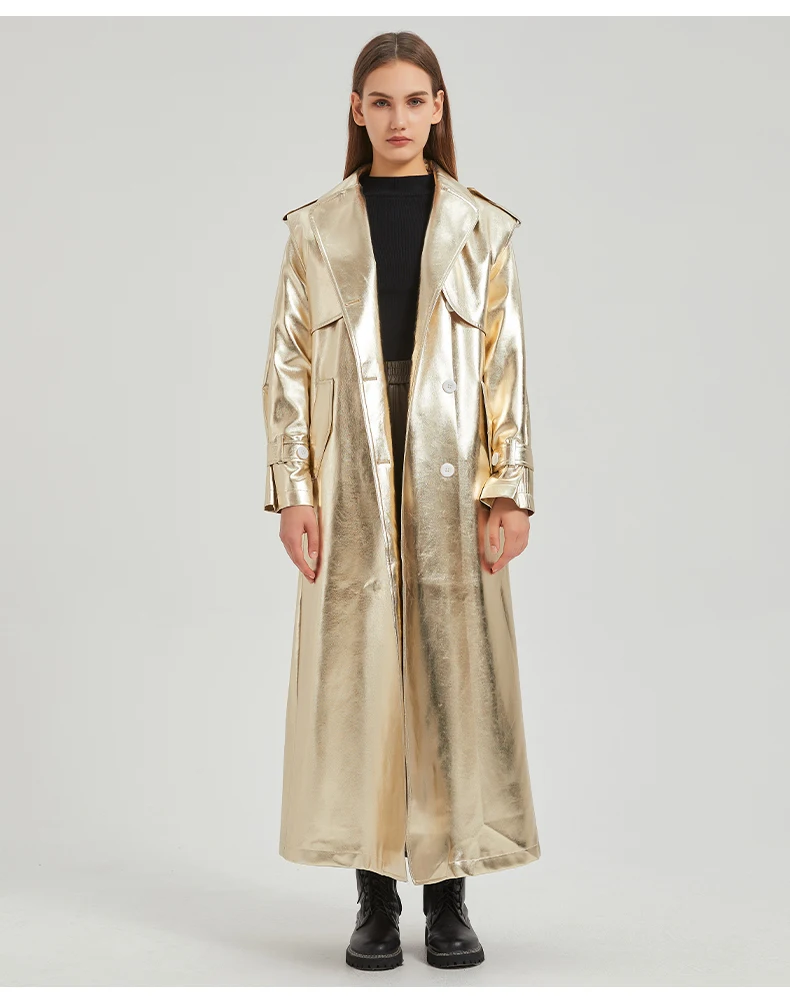 Lautaro Autumn Extra Long Gold Shiny Patent Pu Leather Trench Coat for Women Single Breasted Luxury Designer Overcoat 2024
