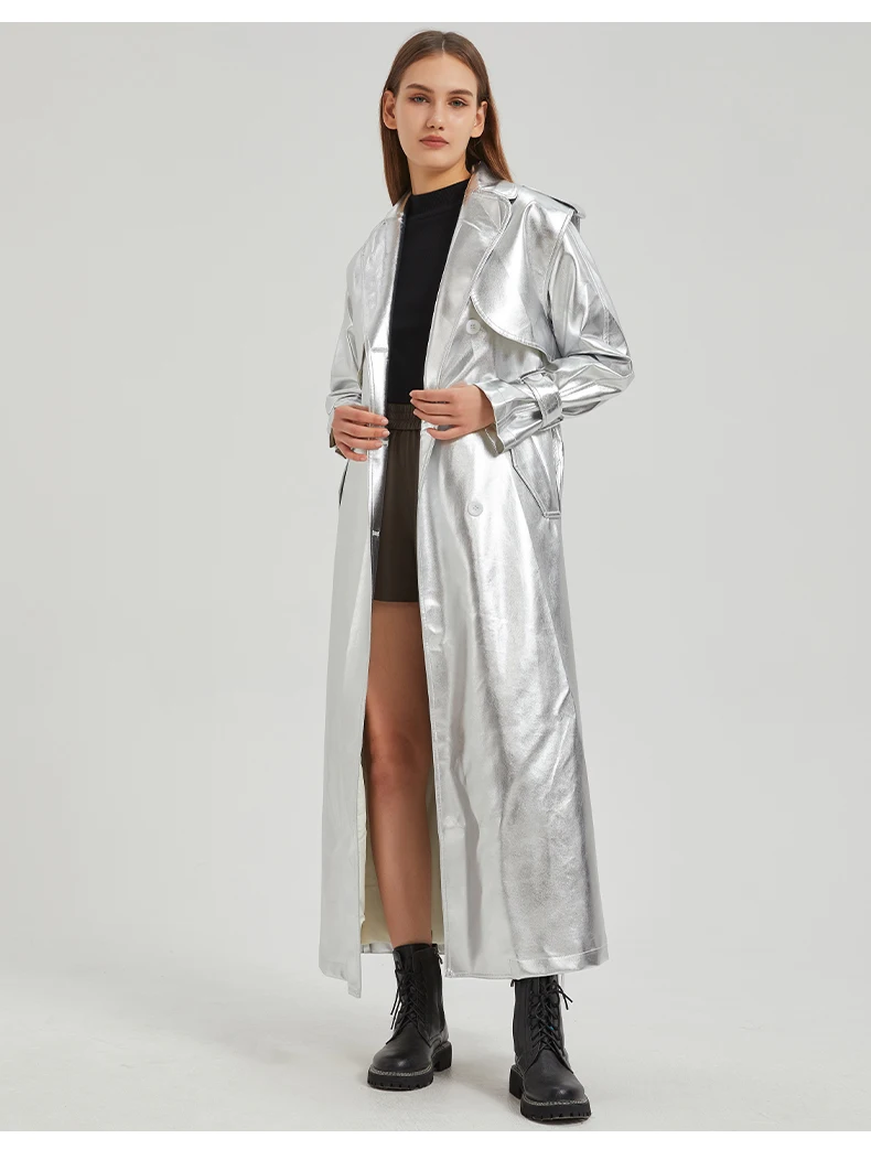 Lautaro Autumn Extra Long Gold Shiny Patent Pu Leather Trench Coat for Women Single Breasted Luxury Designer Overcoat 2024