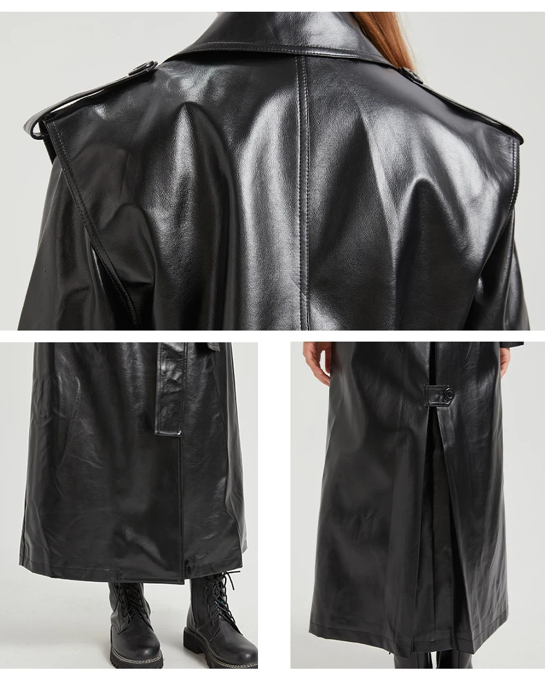 Lautaro Autumn Extra Long Gold Shiny Patent Pu Leather Trench Coat for Women Single Breasted Luxury Designer Overcoat 2024