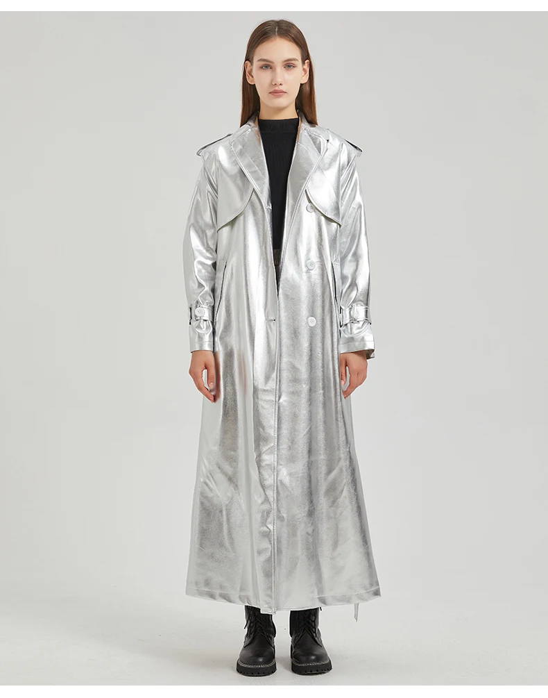Lautaro Autumn Extra Long Gold Shiny Patent Pu Leather Trench Coat for Women Single Breasted Luxury Designer Overcoat 2024