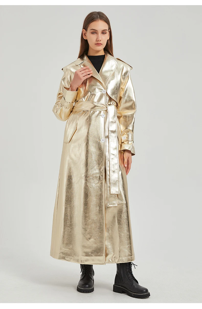 Lautaro Autumn Extra Long Gold Shiny Patent Pu Leather Trench Coat for Women Single Breasted Luxury Designer Overcoat 2024
