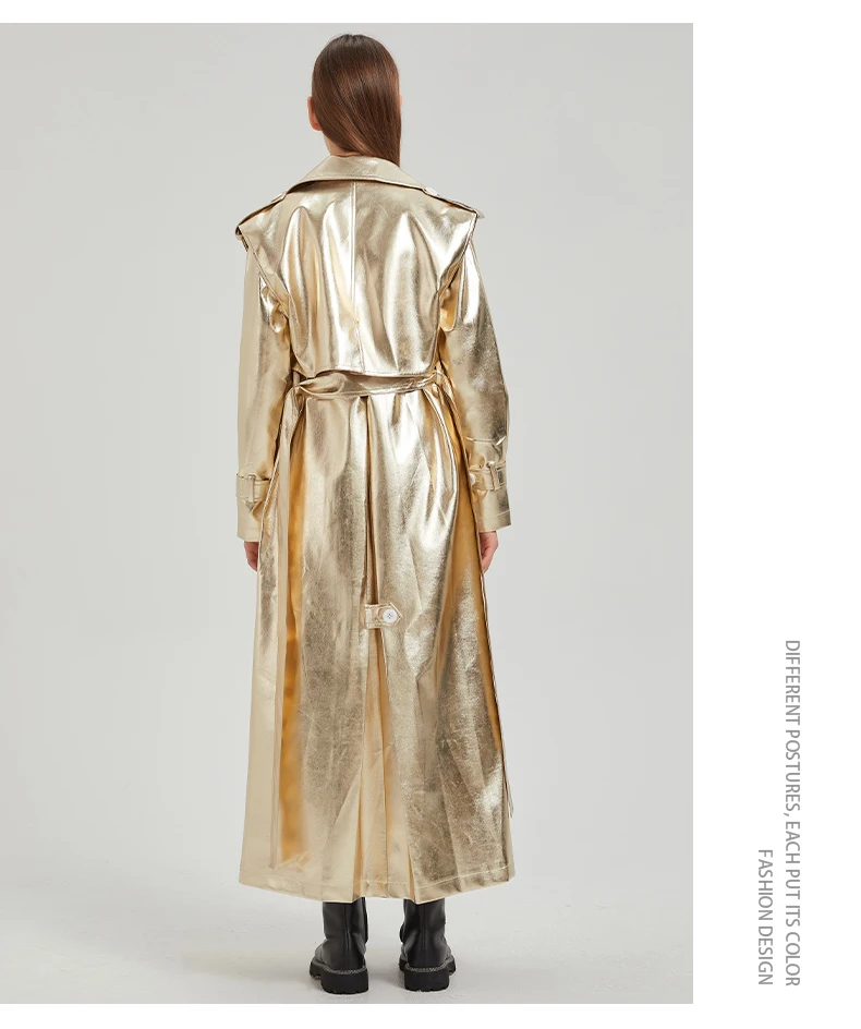 Lautaro Autumn Extra Long Gold Shiny Patent Pu Leather Trench Coat for Women Single Breasted Luxury Designer Overcoat 2024