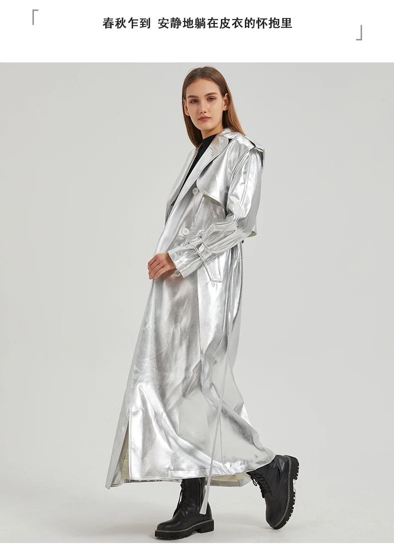 Lautaro Autumn Extra Long Gold Shiny Patent Pu Leather Trench Coat for Women Single Breasted Luxury Designer Overcoat 2024