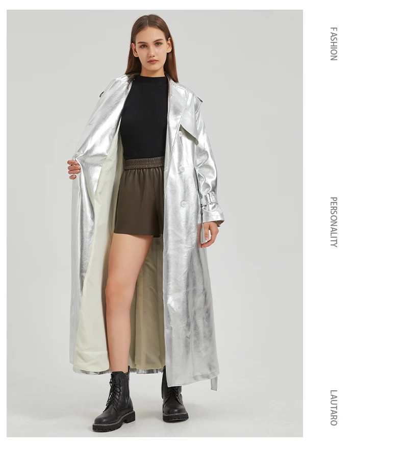 Lautaro Autumn Extra Long Gold Shiny Patent Pu Leather Trench Coat for Women Single Breasted Luxury Designer Overcoat 2024