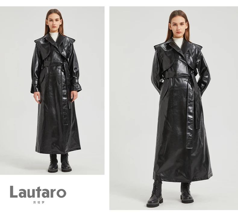 Lautaro Autumn Extra Long Gold Shiny Patent Pu Leather Trench Coat for Women Single Breasted Luxury Designer Overcoat 2024