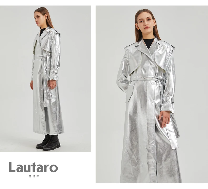 Lautaro Autumn Extra Long Gold Shiny Patent Pu Leather Trench Coat for Women Single Breasted Luxury Designer Overcoat 2024