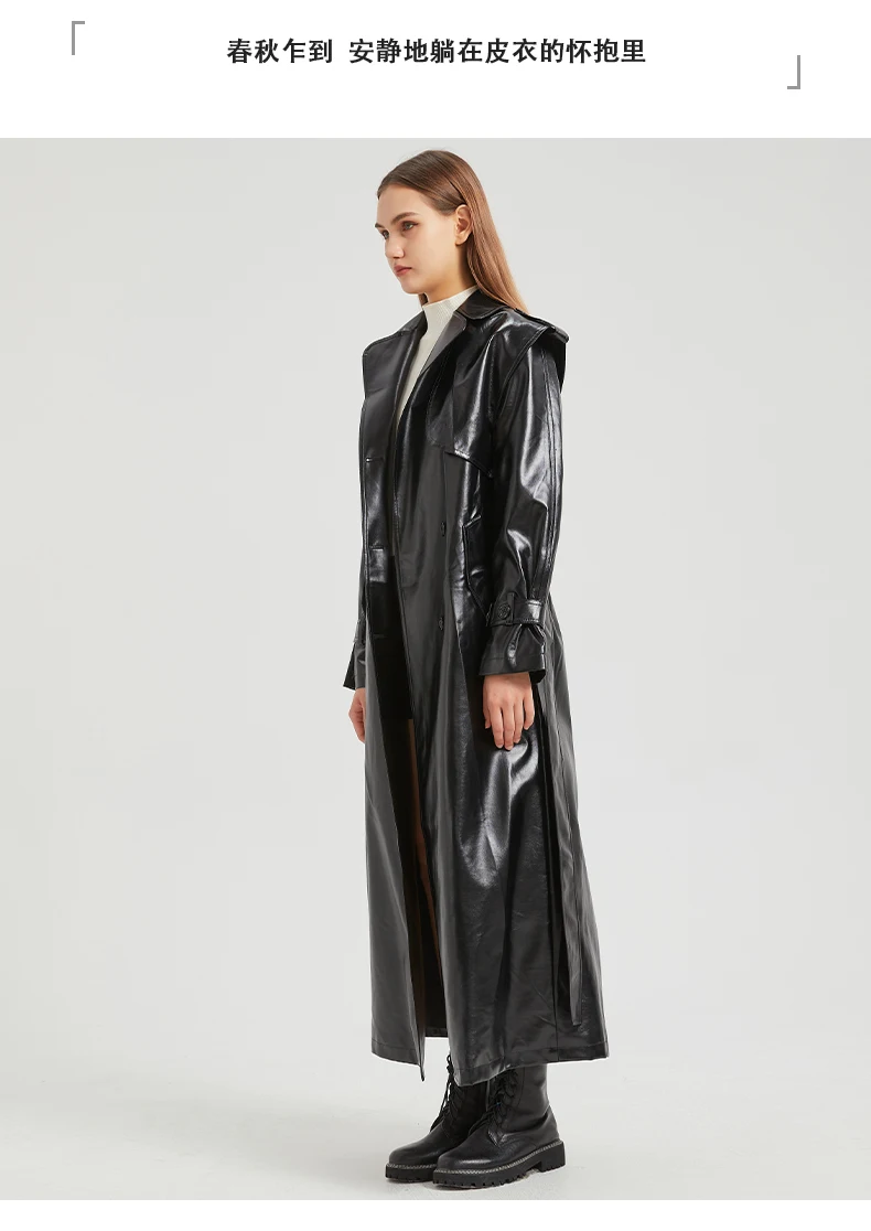 Lautaro Autumn Extra Long Gold Shiny Patent Pu Leather Trench Coat for Women Single Breasted Luxury Designer Overcoat 2024
