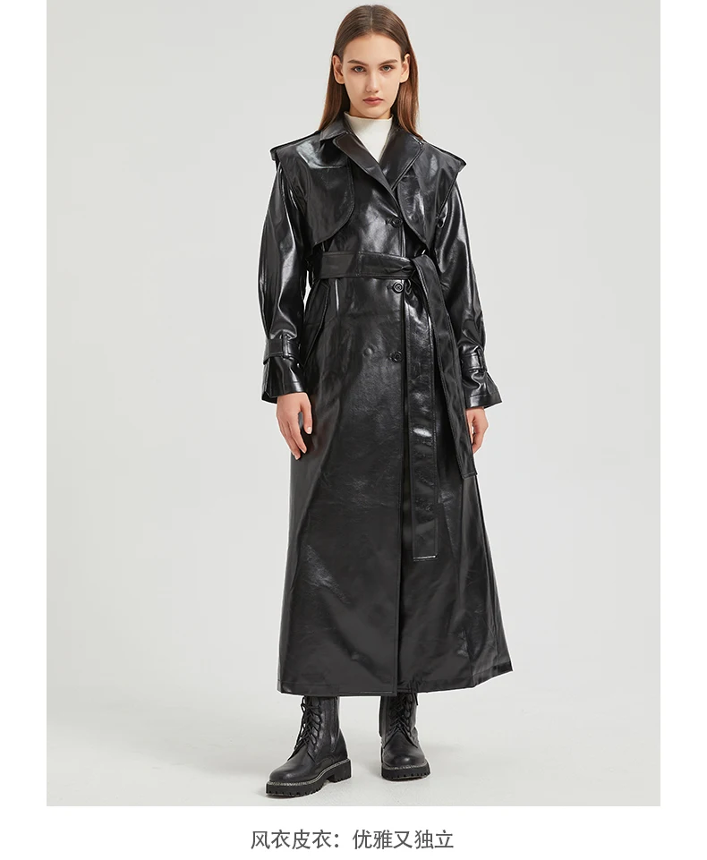 Lautaro Autumn Extra Long Gold Shiny Patent Pu Leather Trench Coat for Women Single Breasted Luxury Designer Overcoat 2024