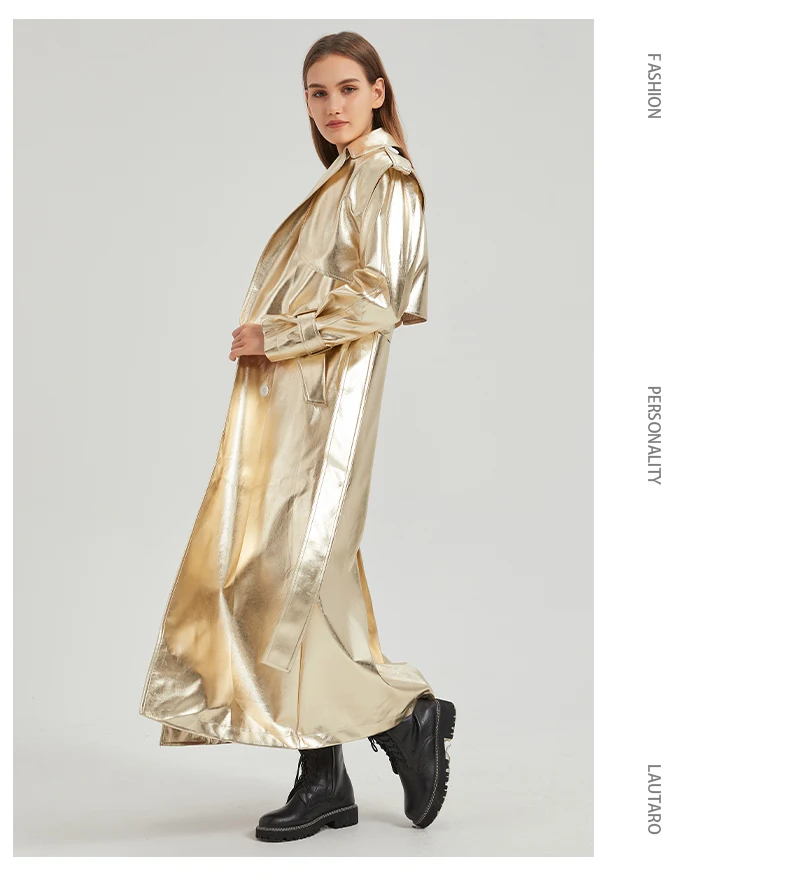 Lautaro Autumn Extra Long Gold Shiny Patent Pu Leather Trench Coat for Women Single Breasted Luxury Designer Overcoat 2024