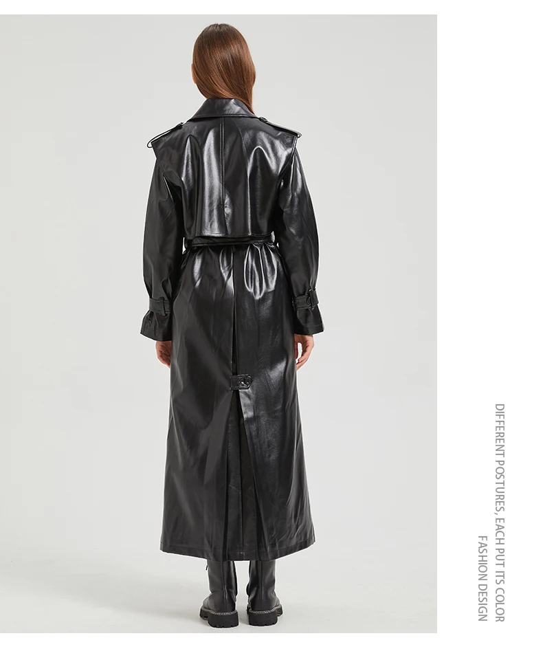 Lautaro Autumn Extra Long Gold Shiny Patent Pu Leather Trench Coat for Women Single Breasted Luxury Designer Overcoat 2024