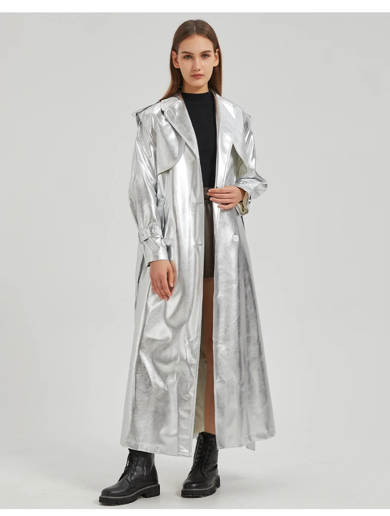 Lautaro Autumn Extra Long Gold Shiny Patent Pu Leather Trench Coat for Women Single Breasted Luxury Designer Overcoat 2024