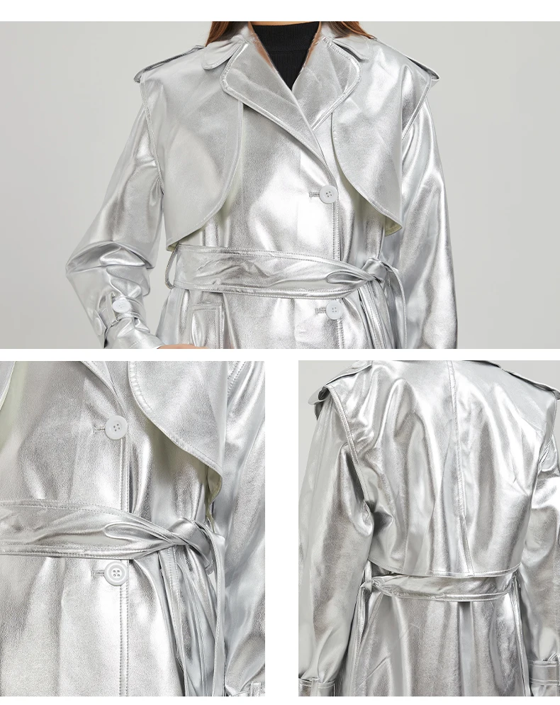 Lautaro Autumn Extra Long Gold Shiny Patent Pu Leather Trench Coat for Women Single Breasted Luxury Designer Overcoat 2024
