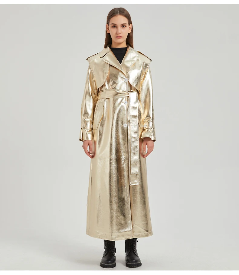 Lautaro Autumn Extra Long Gold Shiny Patent Pu Leather Trench Coat for Women Single Breasted Luxury Designer Overcoat 2024