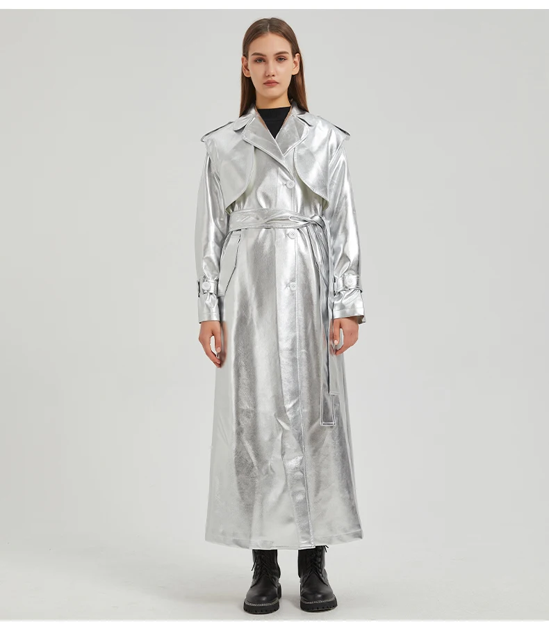 Lautaro Autumn Extra Long Gold Shiny Patent Pu Leather Trench Coat for Women Single Breasted Luxury Designer Overcoat 2024