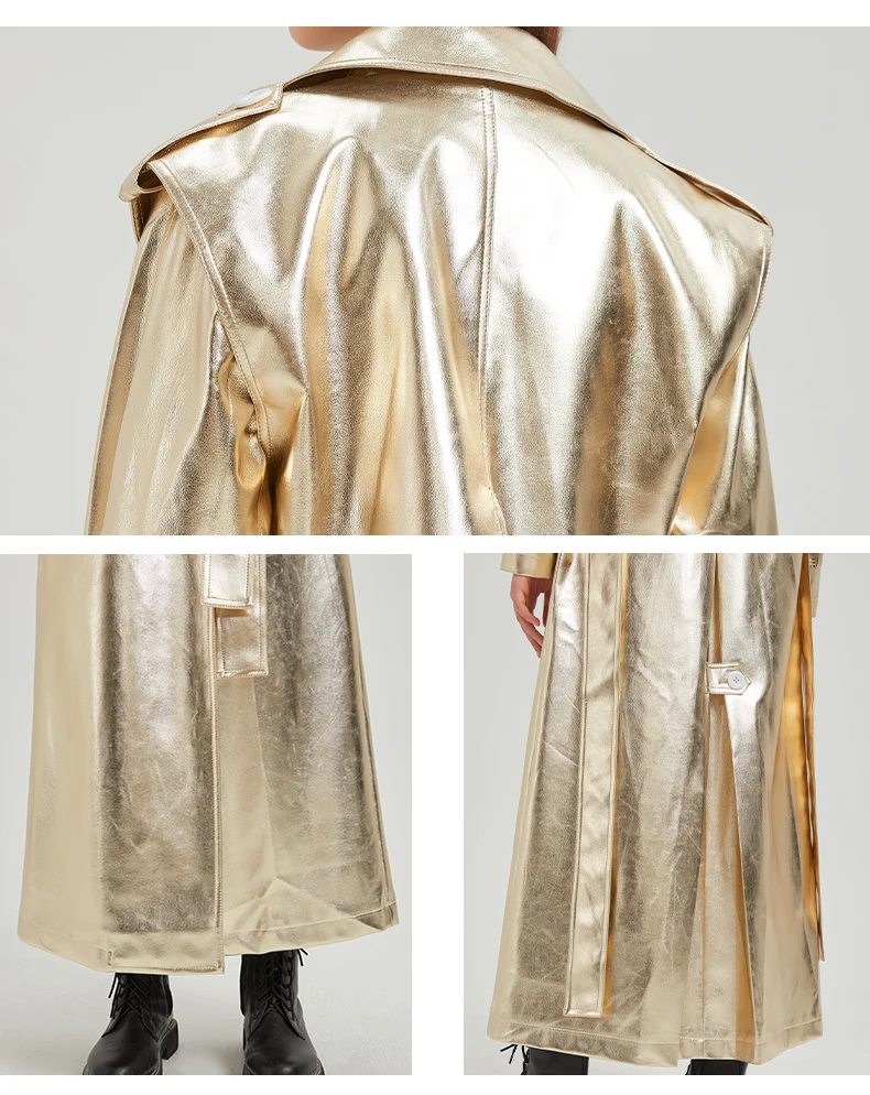 Lautaro Autumn Extra Long Gold Shiny Patent Pu Leather Trench Coat for Women Single Breasted Luxury Designer Overcoat 2024