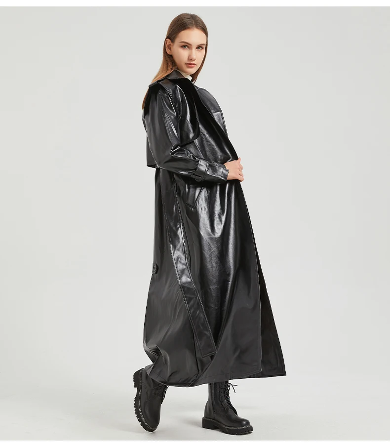 Lautaro Autumn Extra Long Gold Shiny Patent Pu Leather Trench Coat for Women Single Breasted Luxury Designer Overcoat 2024