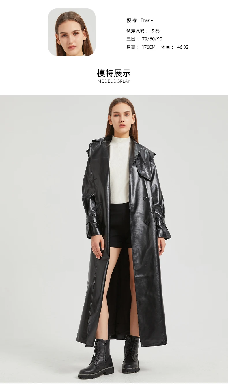 Lautaro Autumn Extra Long Gold Shiny Patent Pu Leather Trench Coat for Women Single Breasted Luxury Designer Overcoat 2024