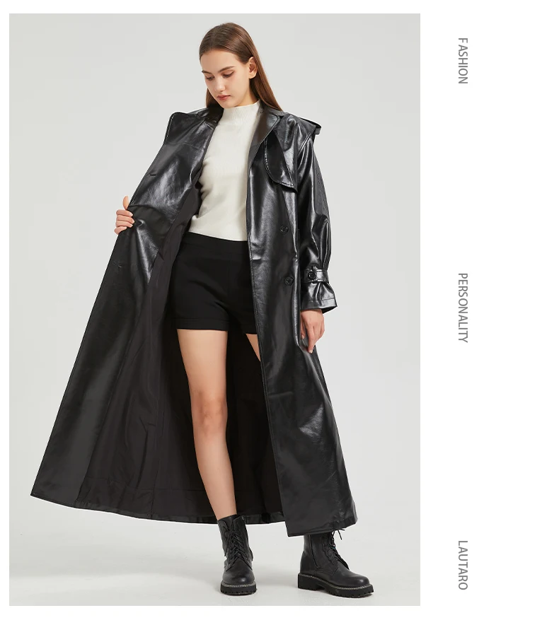 Lautaro Autumn Extra Long Gold Shiny Patent Pu Leather Trench Coat for Women Single Breasted Luxury Designer Overcoat 2024