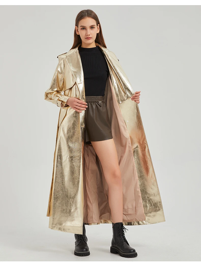 Lautaro Autumn Extra Long Gold Shiny Patent Pu Leather Trench Coat for Women Single Breasted Luxury Designer Overcoat 2024