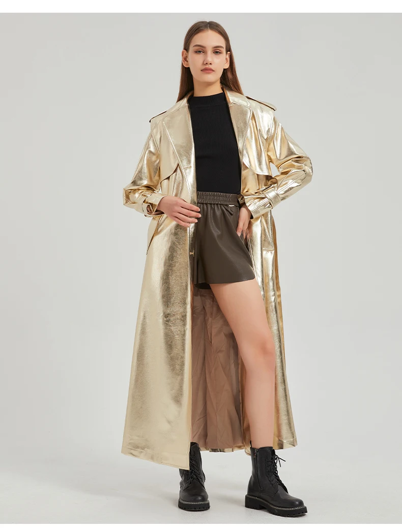 Lautaro Autumn Extra Long Gold Shiny Patent Pu Leather Trench Coat for Women Single Breasted Luxury Designer Overcoat 2024