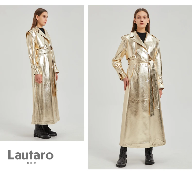 Lautaro Autumn Extra Long Gold Shiny Patent Pu Leather Trench Coat for Women Single Breasted Luxury Designer Overcoat 2024