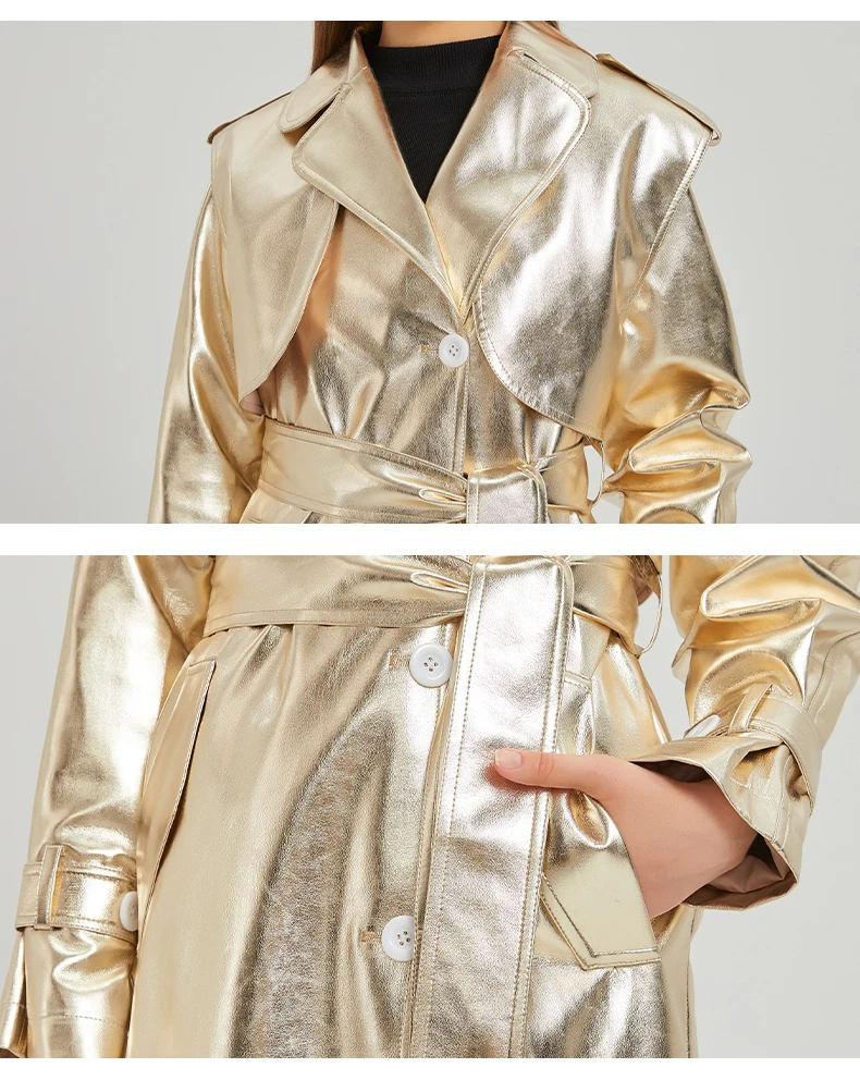 Lautaro Autumn Extra Long Gold Shiny Patent Pu Leather Trench Coat for Women Single Breasted Luxury Designer Overcoat 2024