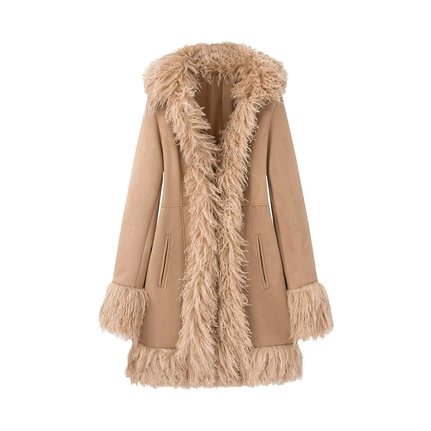 Women Winter Faux Suede Coat Long Fluffy Faux Fur Trim Boho 70s Vintage 2026 New Western Streetwear Outerwear