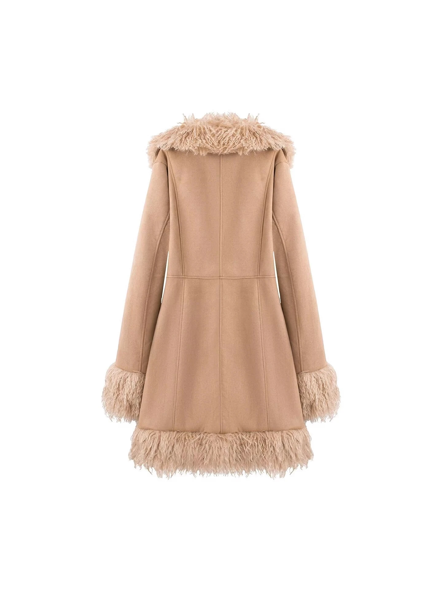 Women Winter Faux Suede Coat Long Fluffy Faux Fur Trim Boho 70s Vintage 2026 New Western Streetwear Outerwear