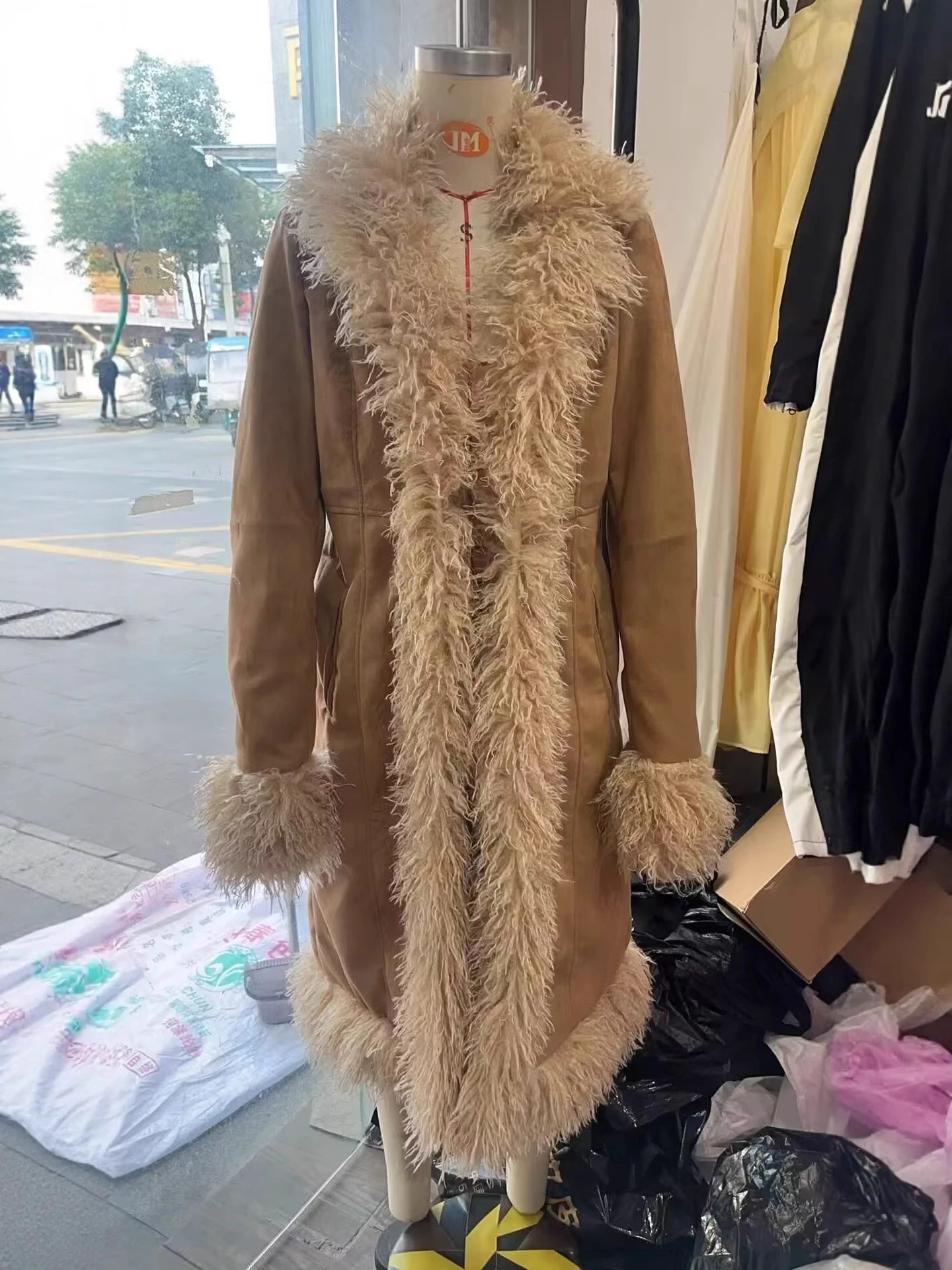 Women Winter Faux Suede Coat Long Fluffy Faux Fur Trim Boho 70s Vintage 2026 New Western Streetwear Outerwear