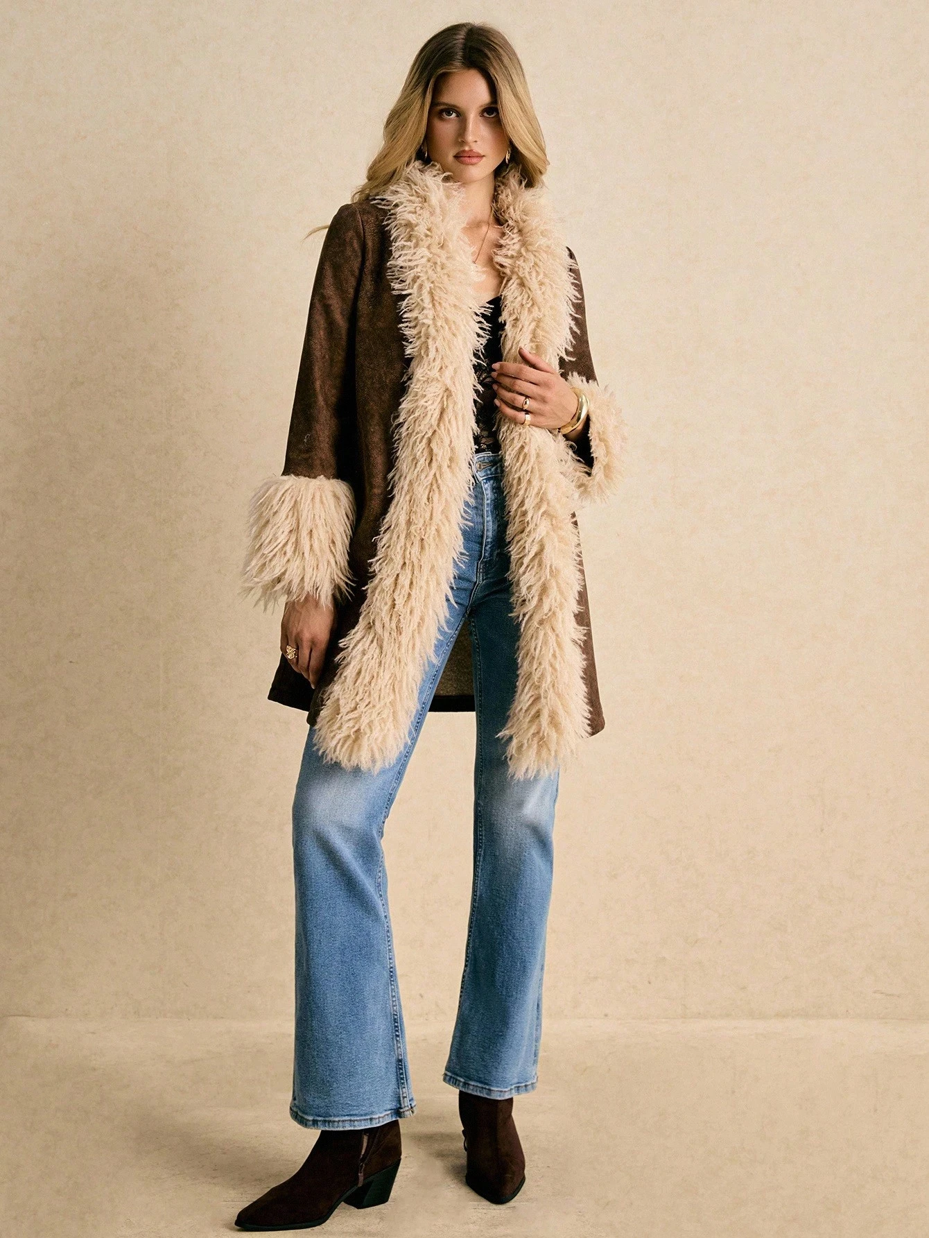 Women Winter Faux Suede Coat Long Fluffy Faux Fur Trim Boho 70s Vintage 2026 New Western Streetwear Outerwear