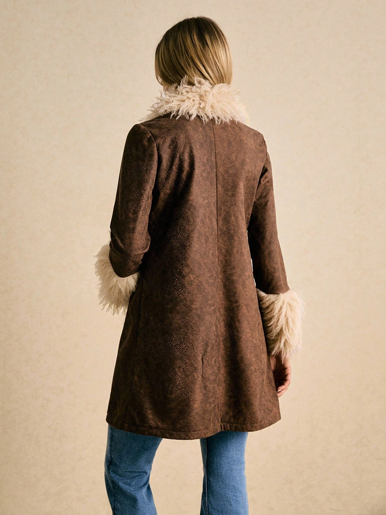 Women Winter Faux Suede Coat Long Fluffy Faux Fur Trim Boho 70s Vintage 2026 New Western Streetwear Outerwear