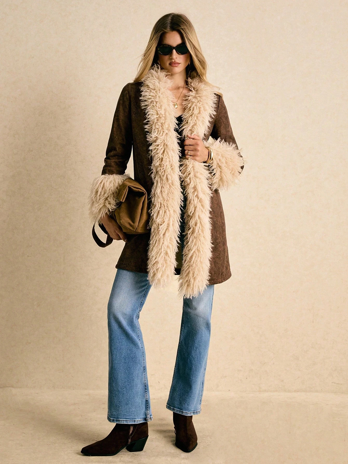 Women Winter Faux Suede Coat Long Fluffy Faux Fur Trim Boho 70s Vintage 2026 New Western Streetwear Outerwear