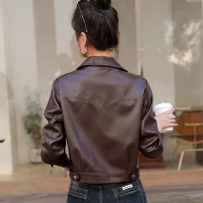 2026 Autumn New Fashion Leather Jacket Women Motorcycle Outwear Short Loose Elegant Pu Leather Suit Collar Coat Overcoat Female